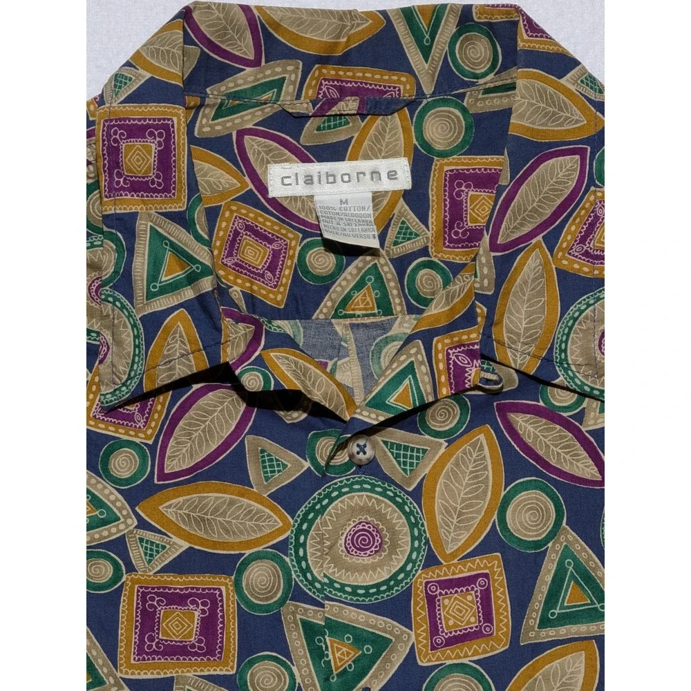 Claiborne Mens Short Sleeve‎ Button Down Shirt Geometric Print Blue Size M